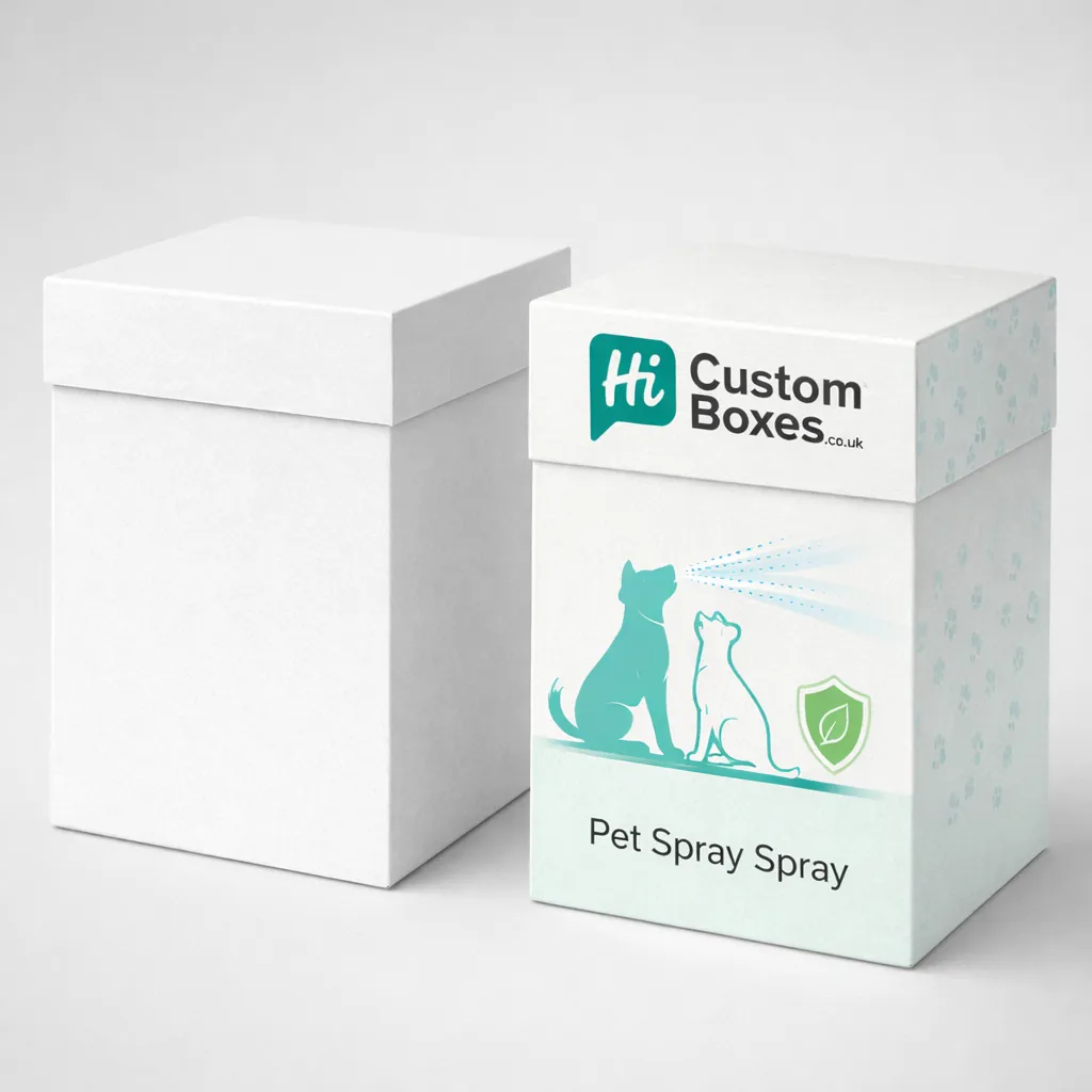Two tall white two-piece rigid boxes for pet sprays, featuring a bespoke illustration of a dog. class=